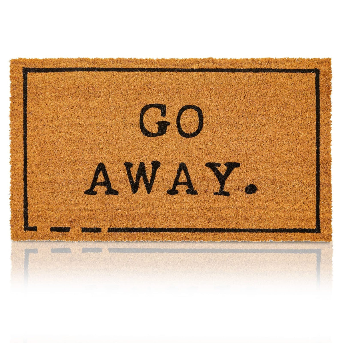 Juvale Go Away doormat at the front entrance, durable coir helps wipe shoes.