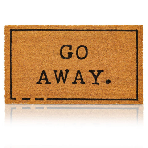 Juvale Go Away doormat at the front entrance, durable coir helps wipe shoes.