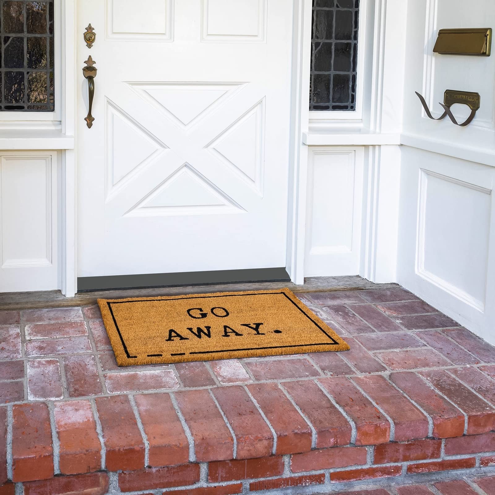 Juvale Go Away doormat rustic brown background with bold lettering for standout curb appeal.