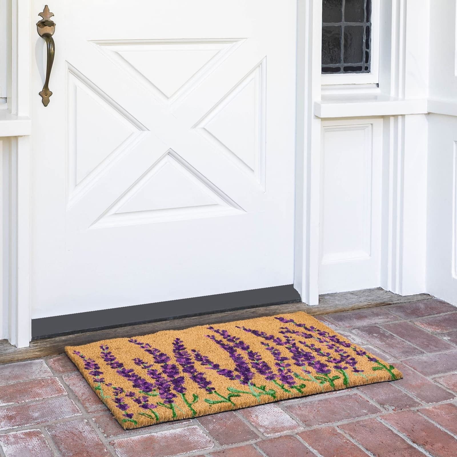 Juvale lavender floral door mat coir texture adds rustic charm and durable outdoor use.