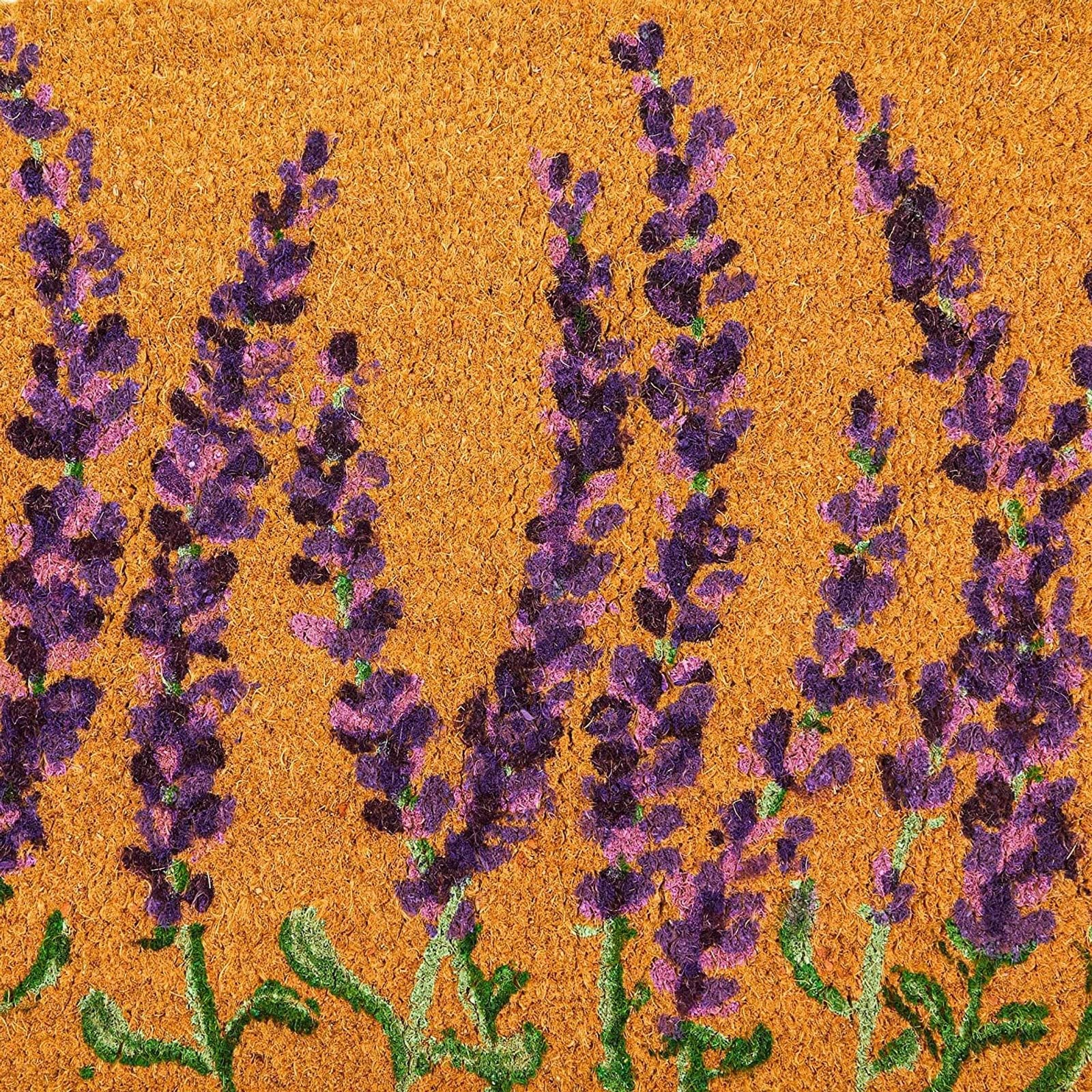 Juvale lavender floral door mat measures 30 by 17 inches for standard doorways.