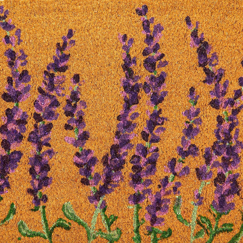Juvale lavender floral door mat measures 30 by 17 inches for standard doorways.