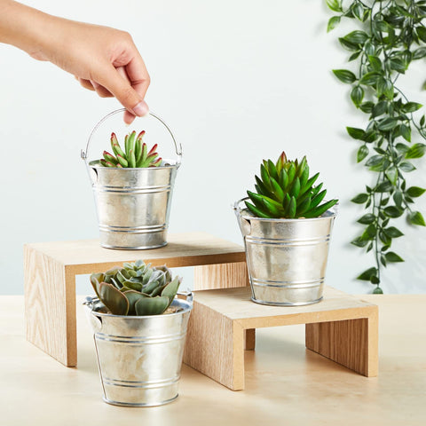 Juvale mini tin buckets in silver suitable for storage and decor