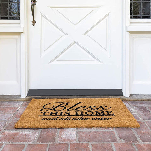 Brown natural finish of Juvale mat complements front porch decor.