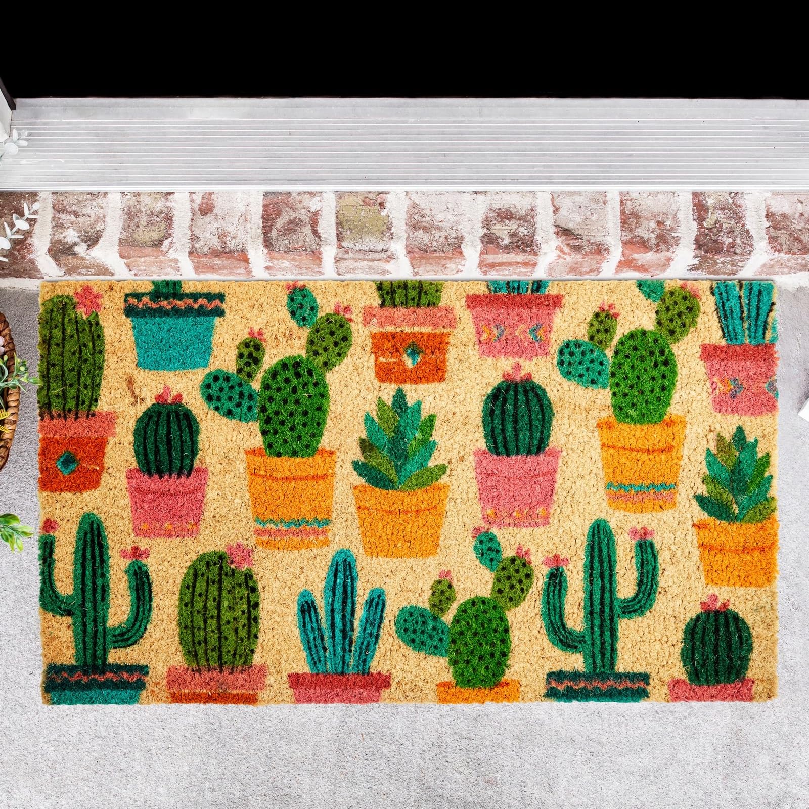 Juvale outdoor welcome mat features cactus motif that enhances entryway curb appeal.