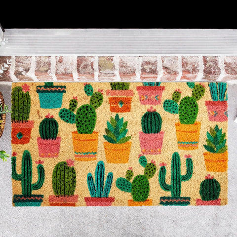 Juvale outdoor welcome mat features cactus motif that enhances entryway curb appeal.