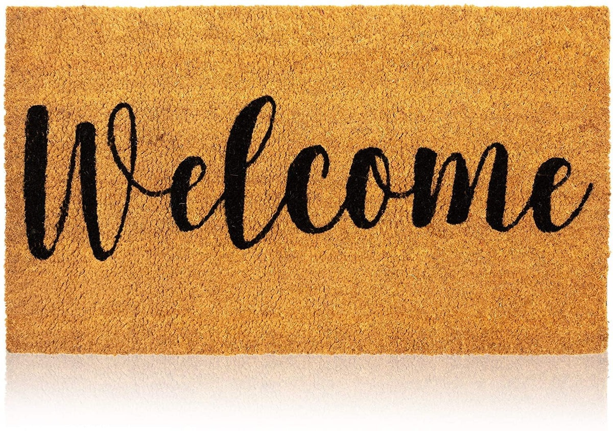 Juvale Welcome Mat front door view showing durable natural coir fibers for dirt scraping.