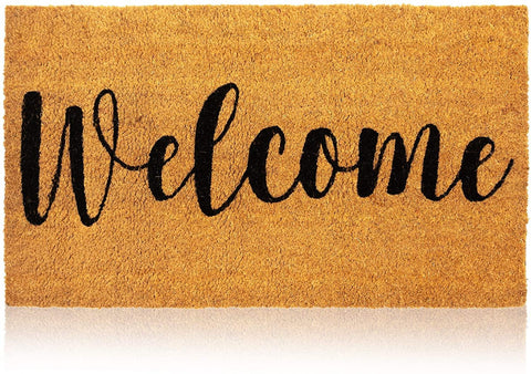 Juvale Welcome Mat front door view showing durable natural coir fibers for dirt scraping.