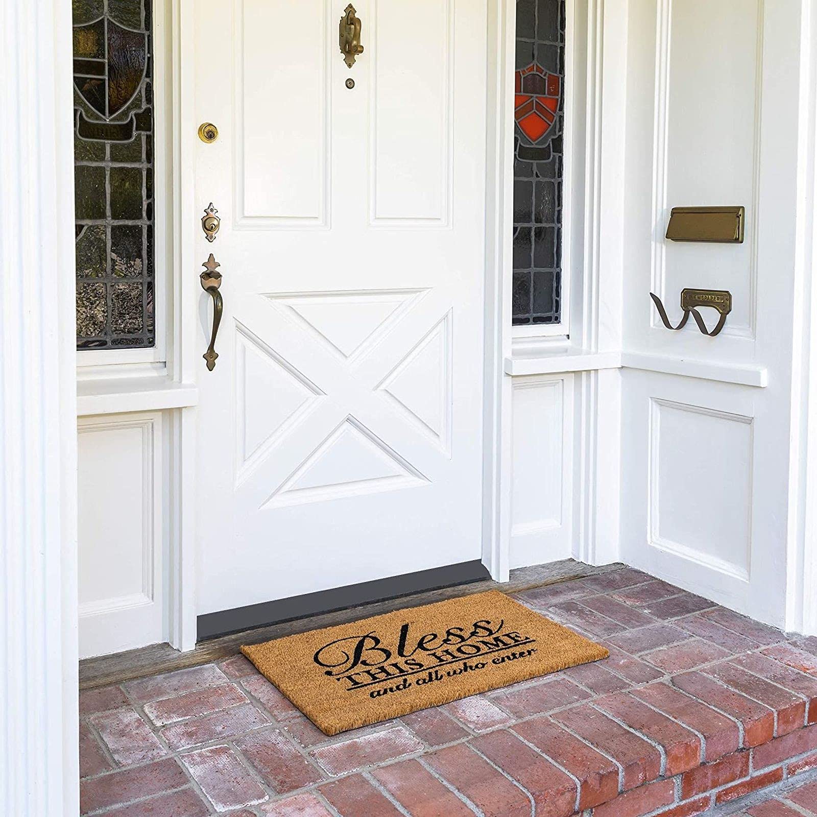 Juvale welcome message design on door mat enhances curb appeal and warm entryway.
