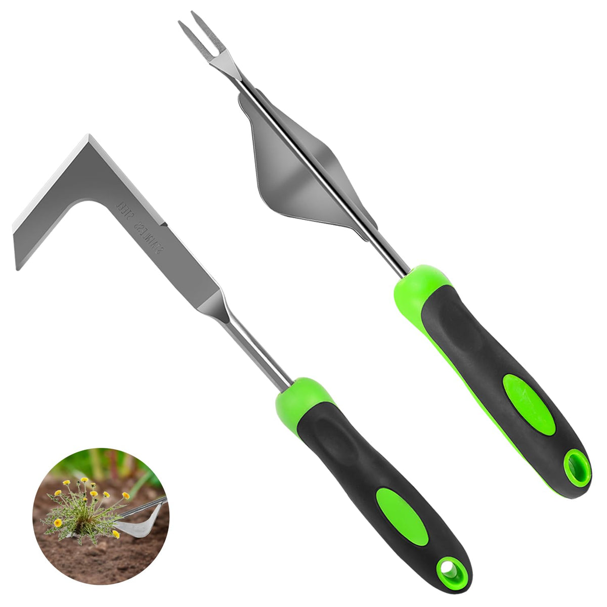 Juxifyron weed puller lever-action in use, effortless root removal for stubborn weeds