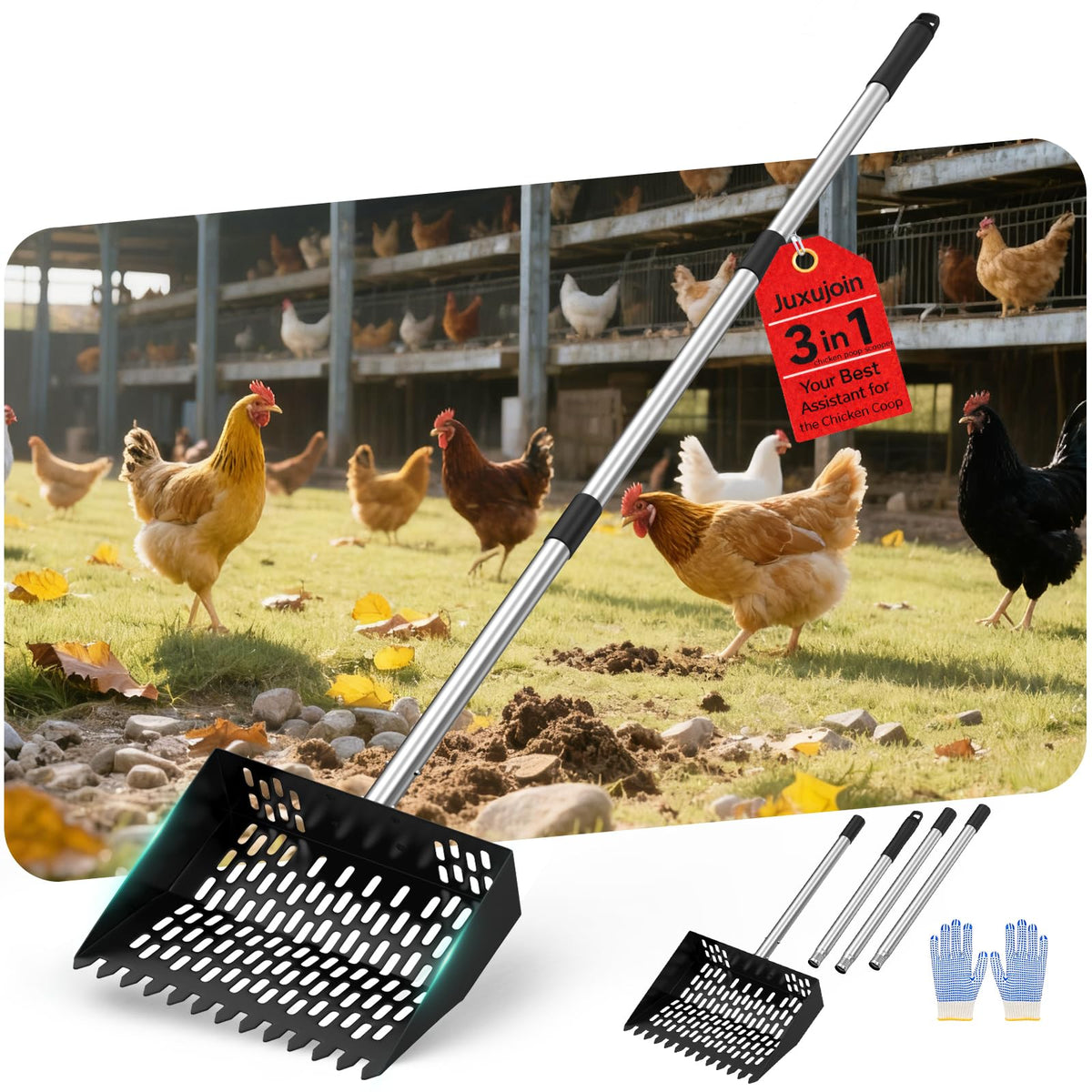 Juxujoin chicken poop scooper with fine holes for easy feces separation in sand