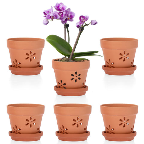 JUXYES pack of six terracotta orchid pots with holes and saucers for stable orchid display.