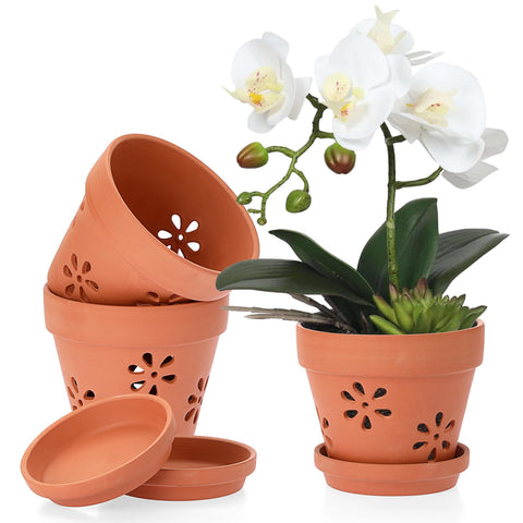 JUXYES terracotta orchid pot with holes for improved air circulation.