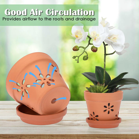 JUXYES orchid pot with saucer helps collect soil and moisture.