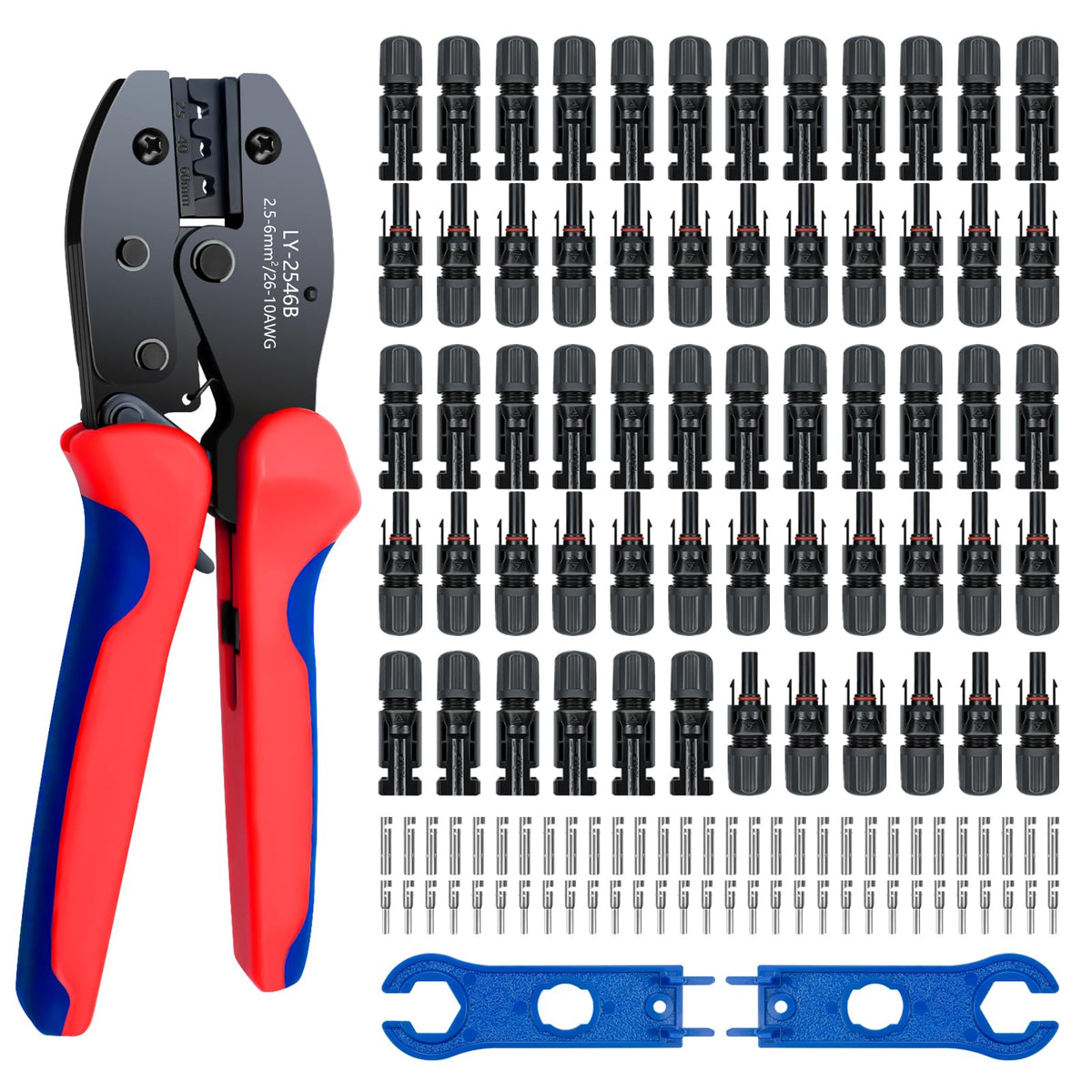 JUYLTOOL solar connector kit showing 60 pieces for quick PV wiring connections.