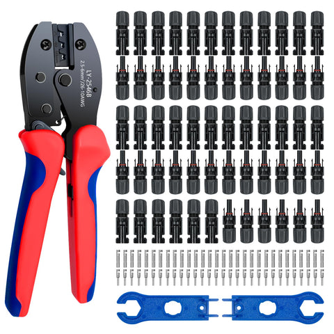 JUYLTOOL solar connector kit showing 60 pieces for quick PV wiring connections.