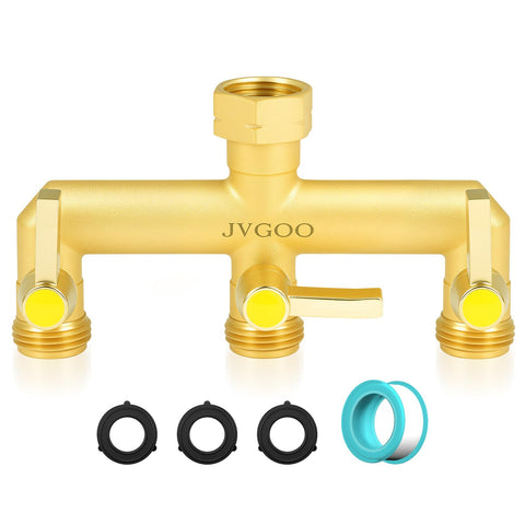 Jvgoo brass 3-way hose splitter front view shows sturdy construction and independent valves.