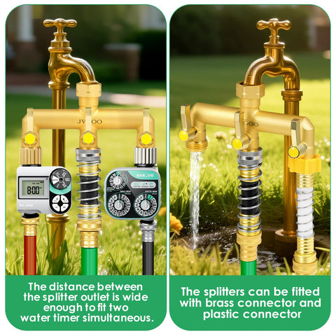 Jvgoo brass 3-way splitter in use for garden watering and yard tasks.