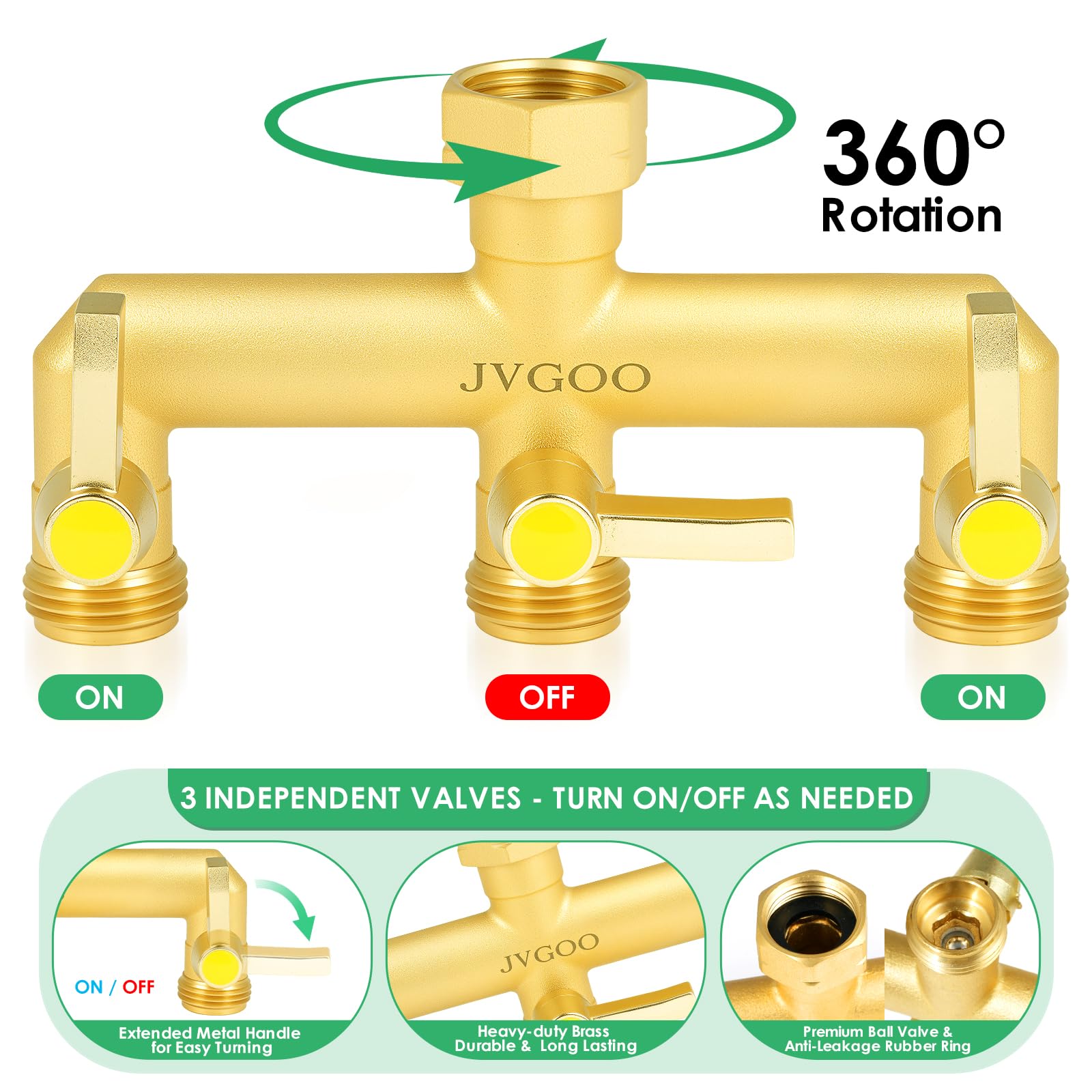 Jvgoo brass 3-way splitter with wider spouts facilitates connecting multiple hoses.