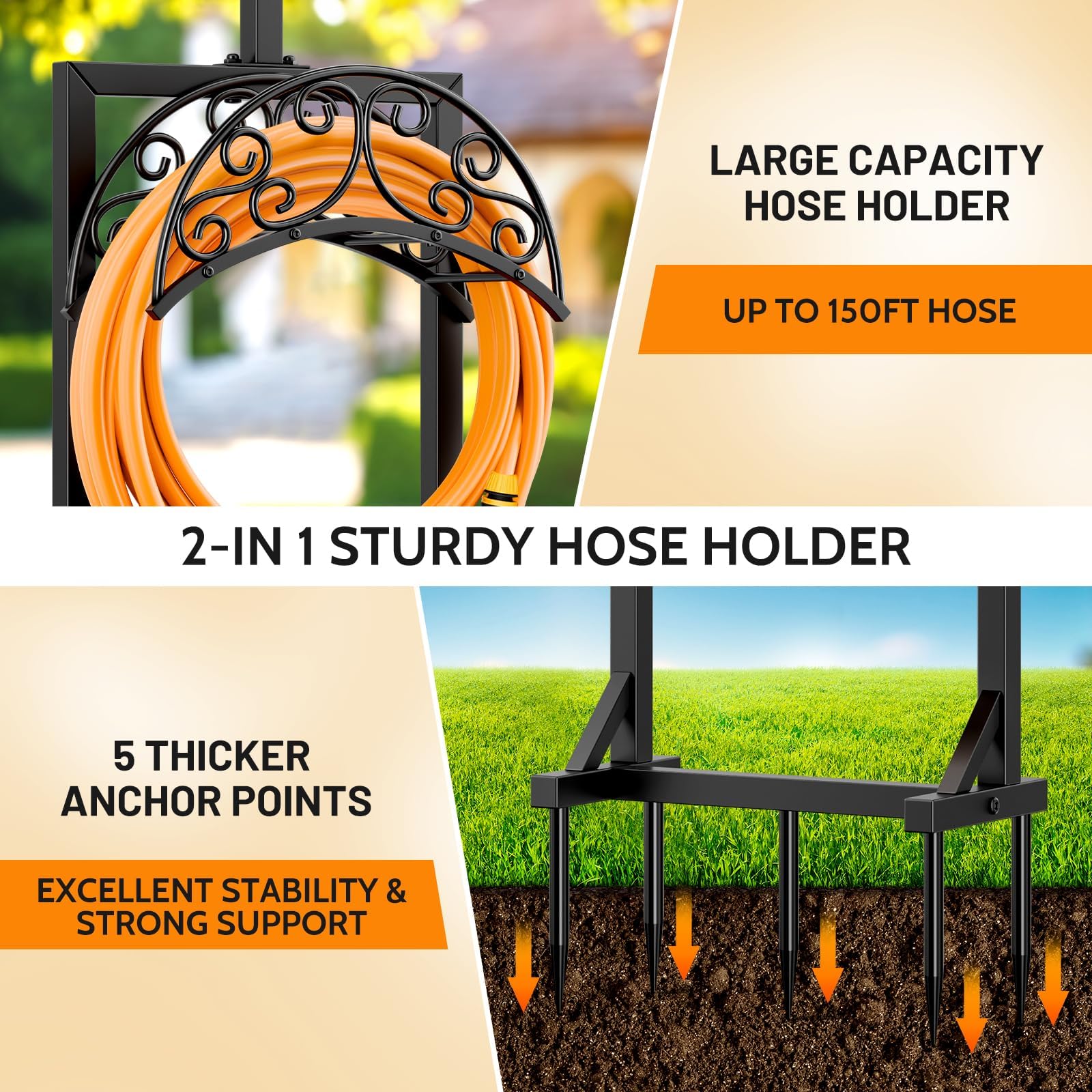 Jvgoo freestanding hose stand stays upright and ready in the yard.