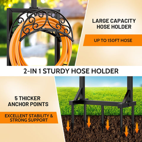 Jvgoo freestanding hose stand stays upright and ready in the yard.