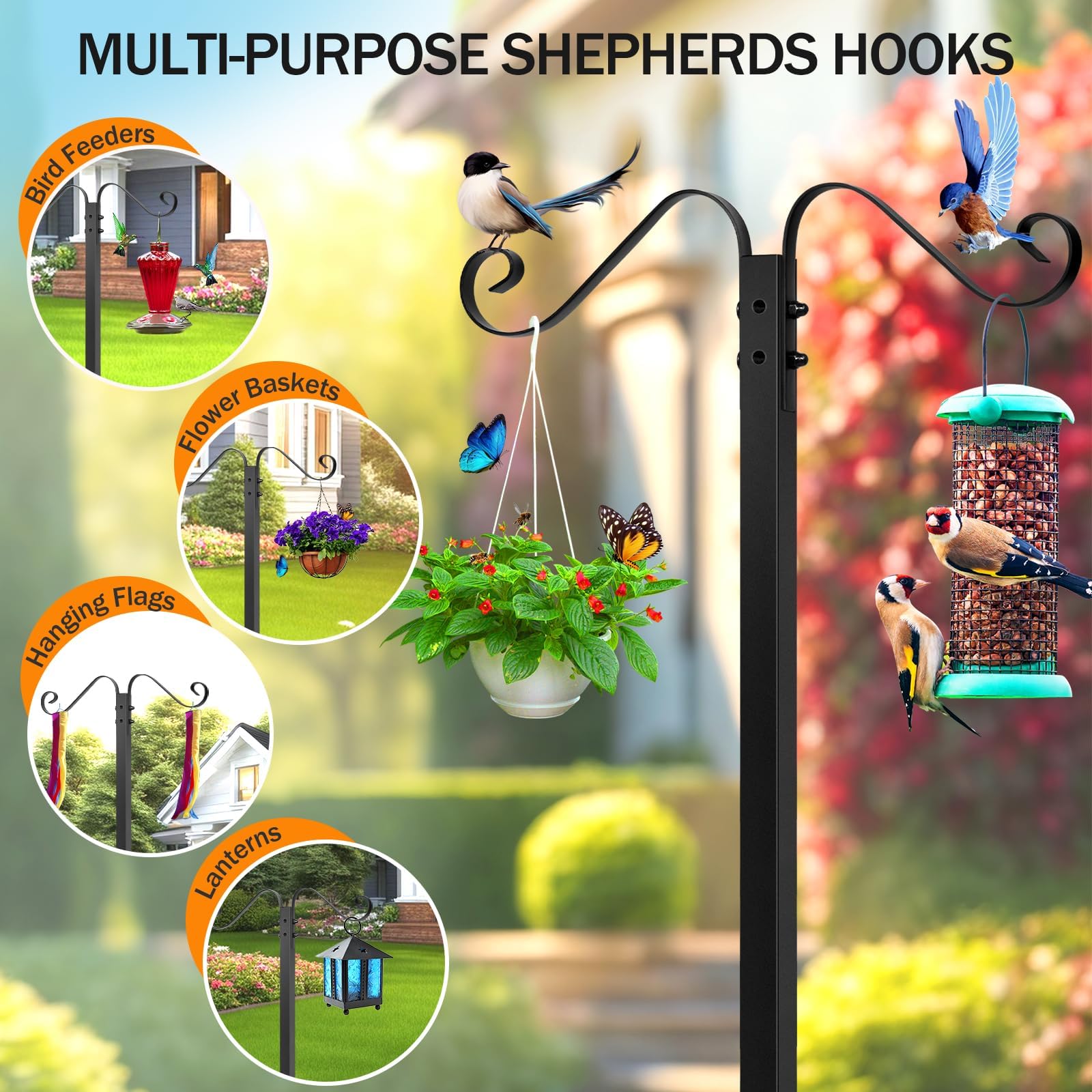 Jvgoo shepherd-hooks add decorative, practical hanging options for garden decor.