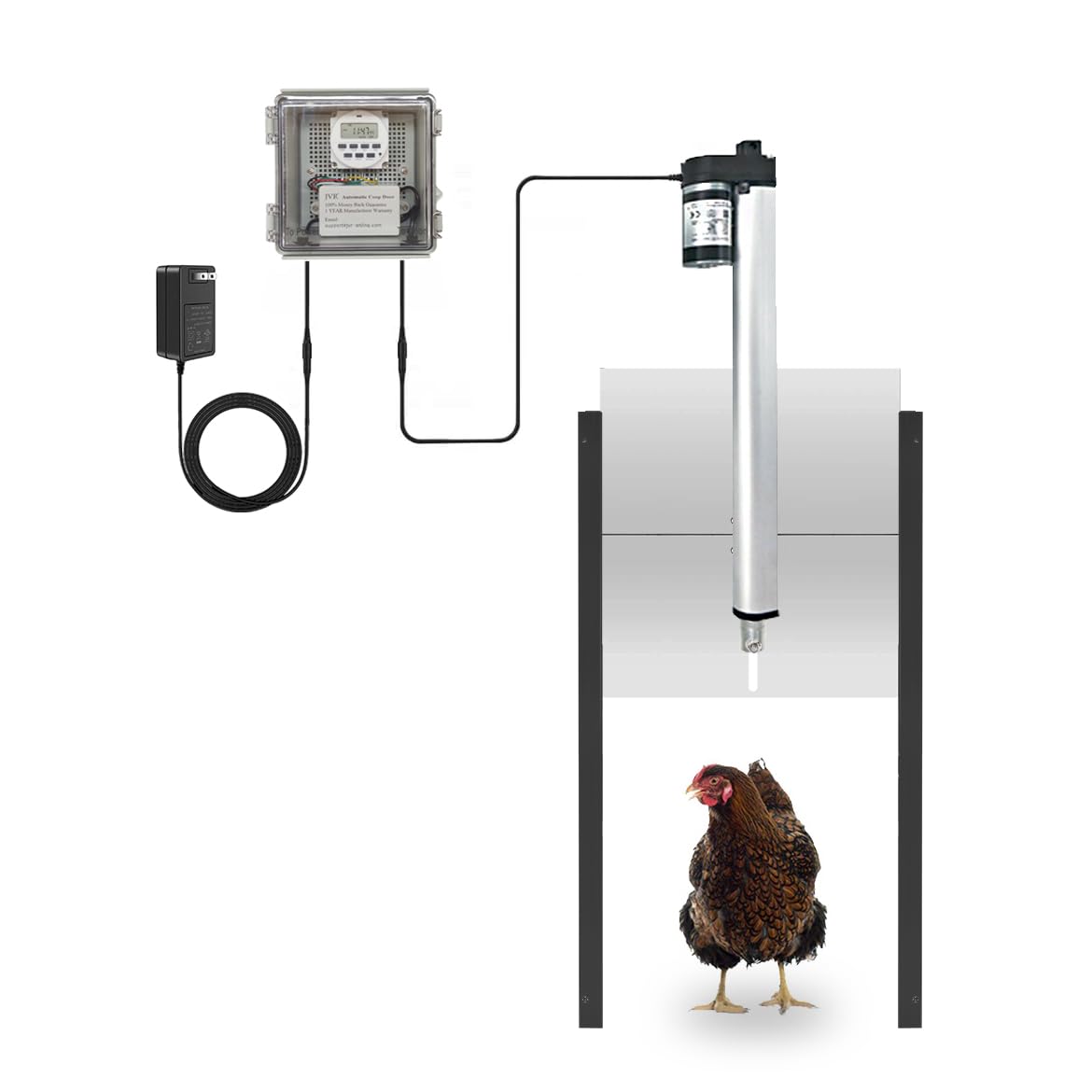 JVR automatic coop door timer showing precise dawn release