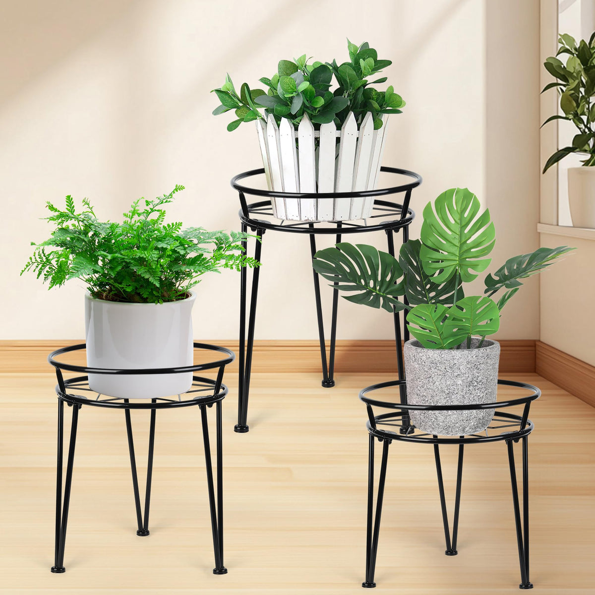 Jvtoo metal plant stand with three-legged design for sturdy plant support.