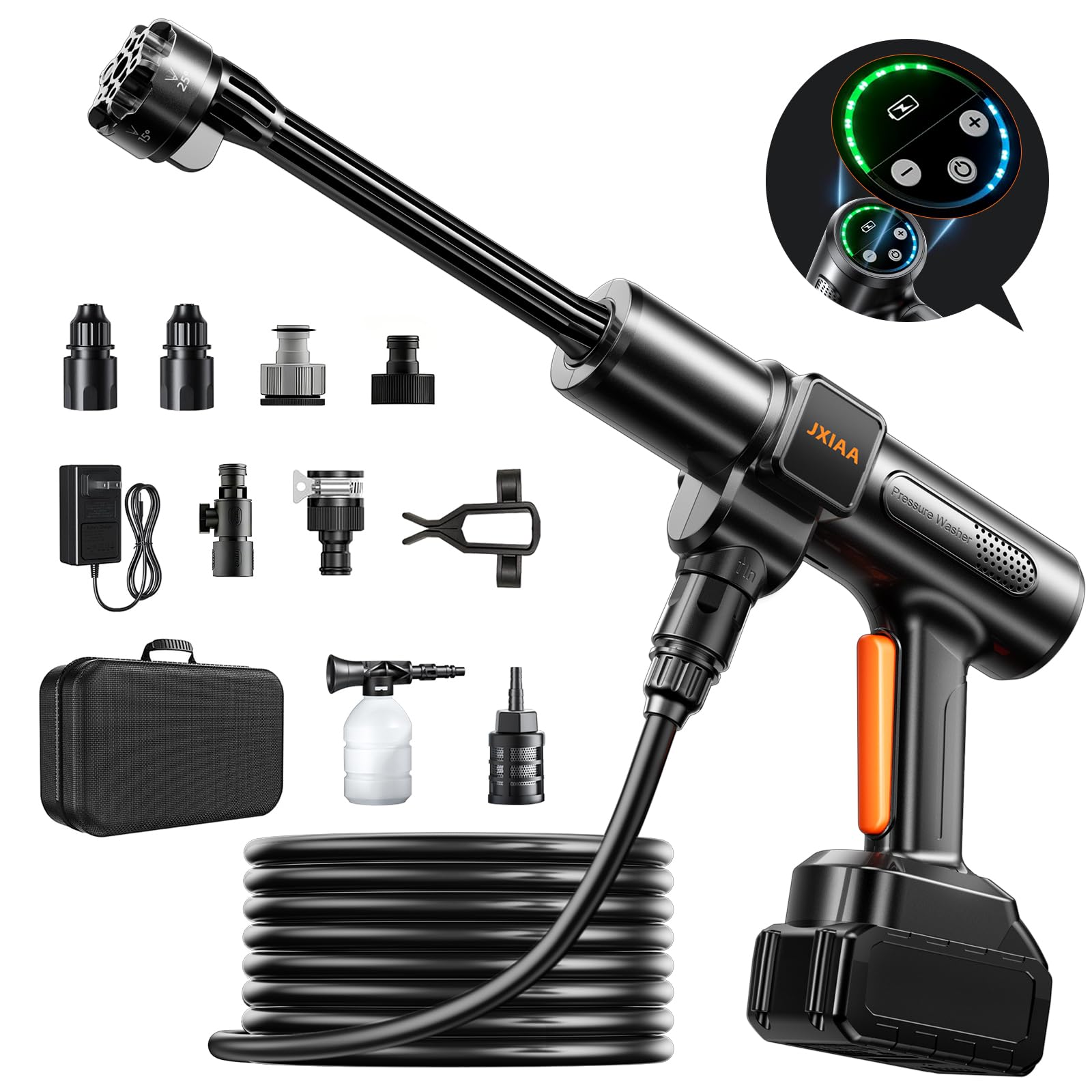 JXIAA cordless pressure washer in action cleaning a car.