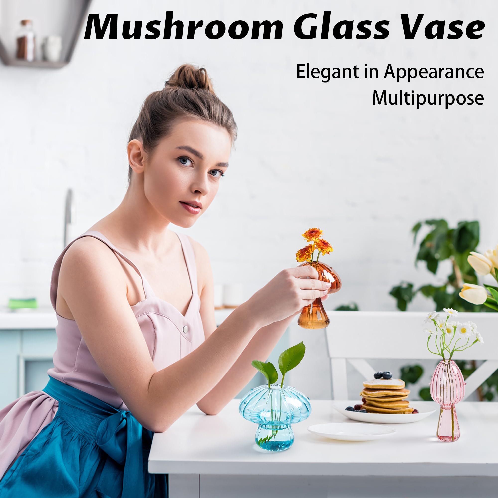 JXWENBYX glass propagation vase mushroom, clear borosilicate for long-lasting hydroponic displays.