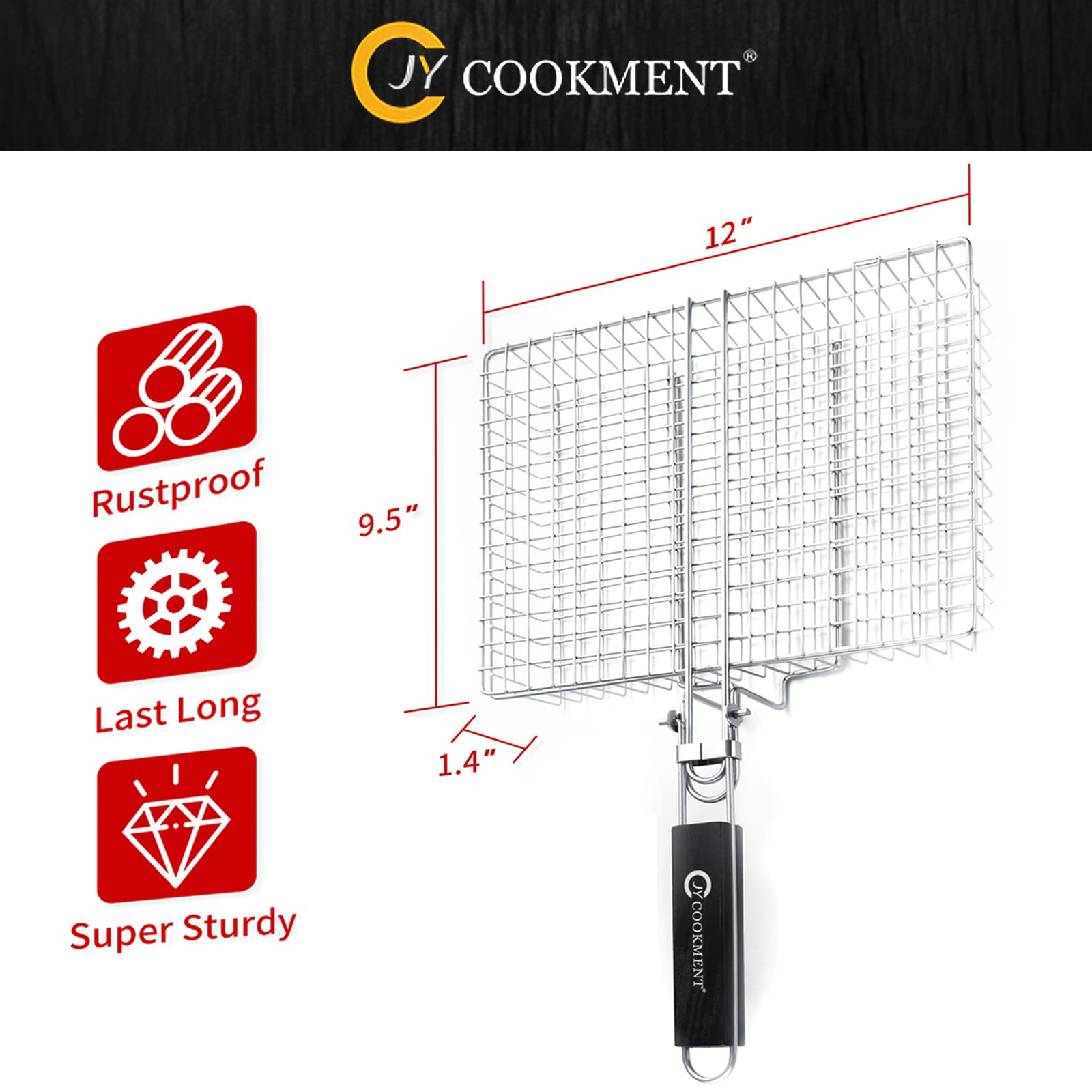 JY COOKMENT grill basket portable wooden handle for easy removal from the grill.