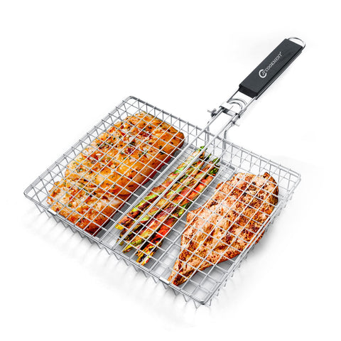 JY COOKMENT grill basket keeps shrimp and fish secure and evenly cooked on outdoor grills.