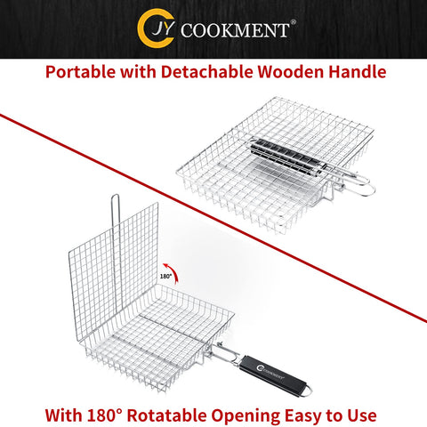 JY COOKMENT grill basket includes a slid lock for secure flipping of foods on the grate.