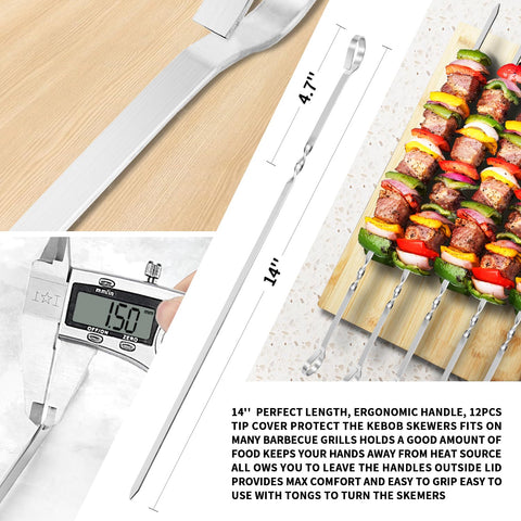 JY COOKMENT 14in ergonomic-handle skewers provide easy flipping.