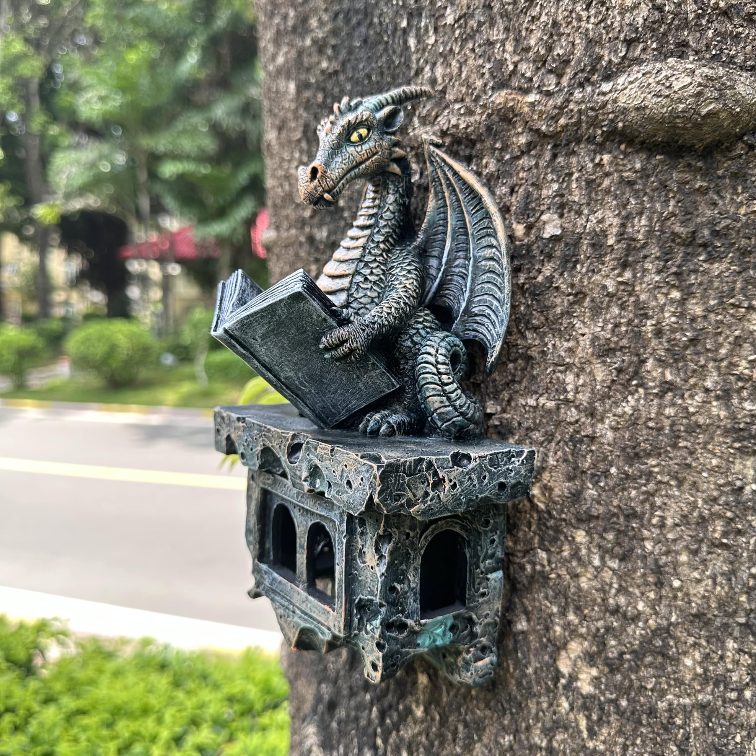 Jy.Cozy dragon reading a tome with warm solar glow.