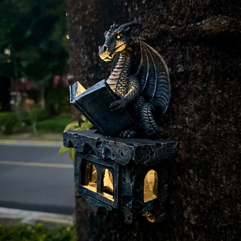 Solar panel powers the dragon's book illumination at night.