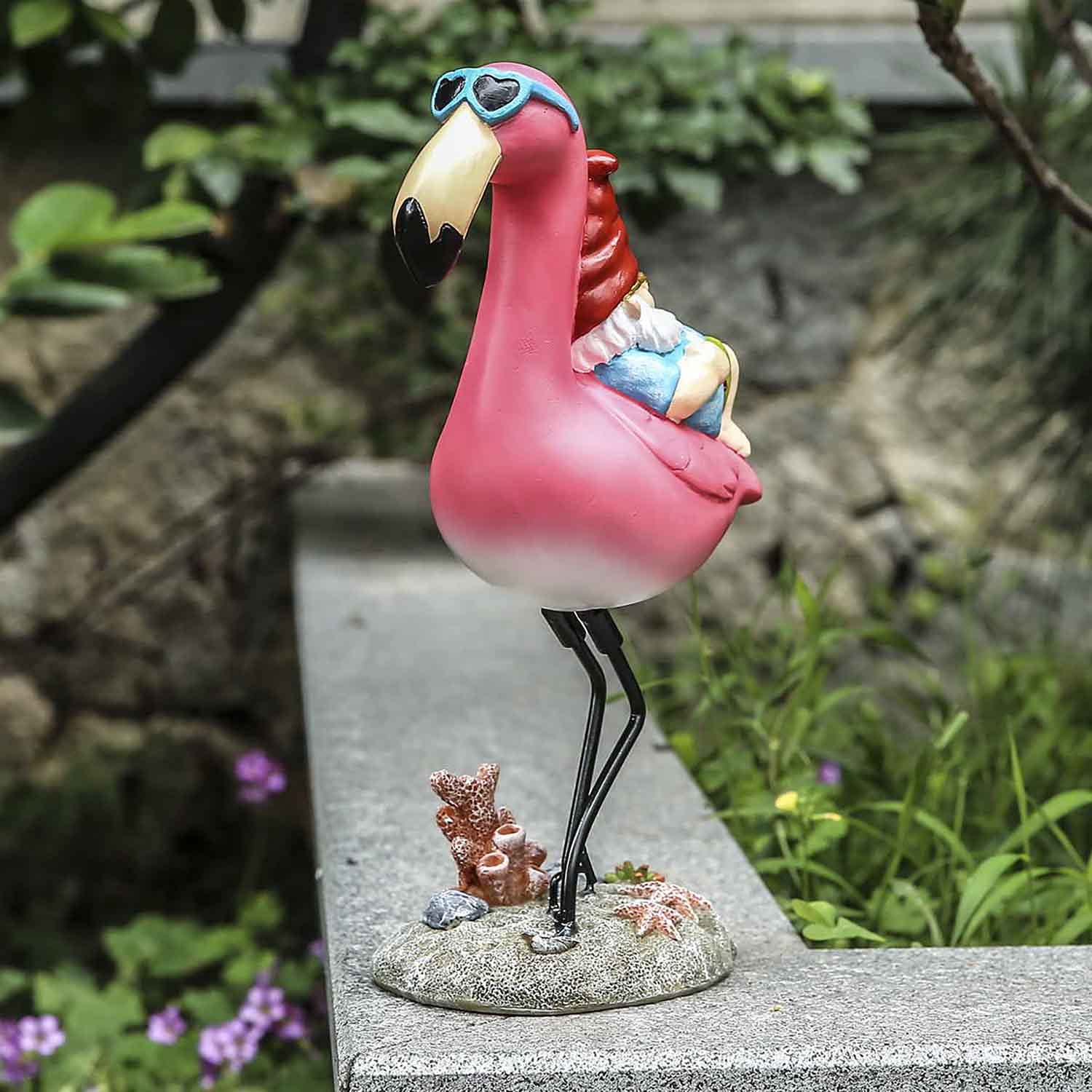 Vibrant hand-painted Jy.Cozy gnome and flamingo detail