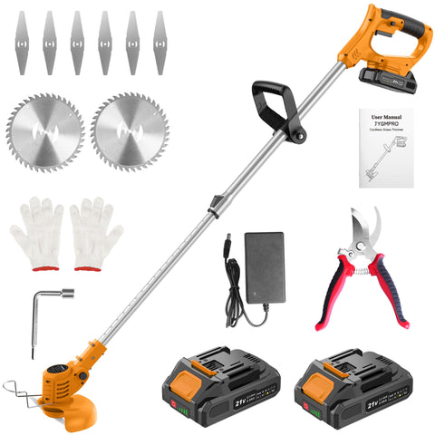 JYGMPRO 21V cordless string trimmer in use along a garden edge for clean lines.
