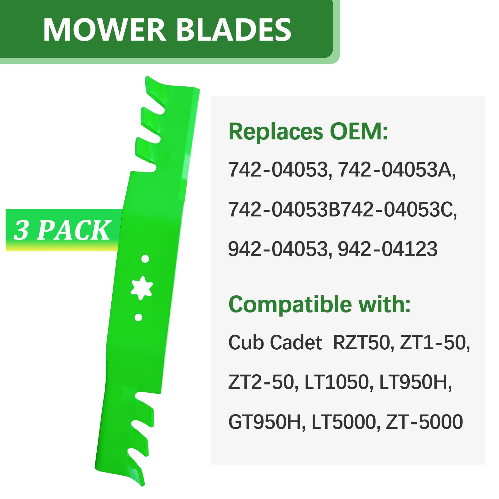 JYLEYJ mulching blades 3-pack closeup edge emphasizes strong alloy and sharp edge.