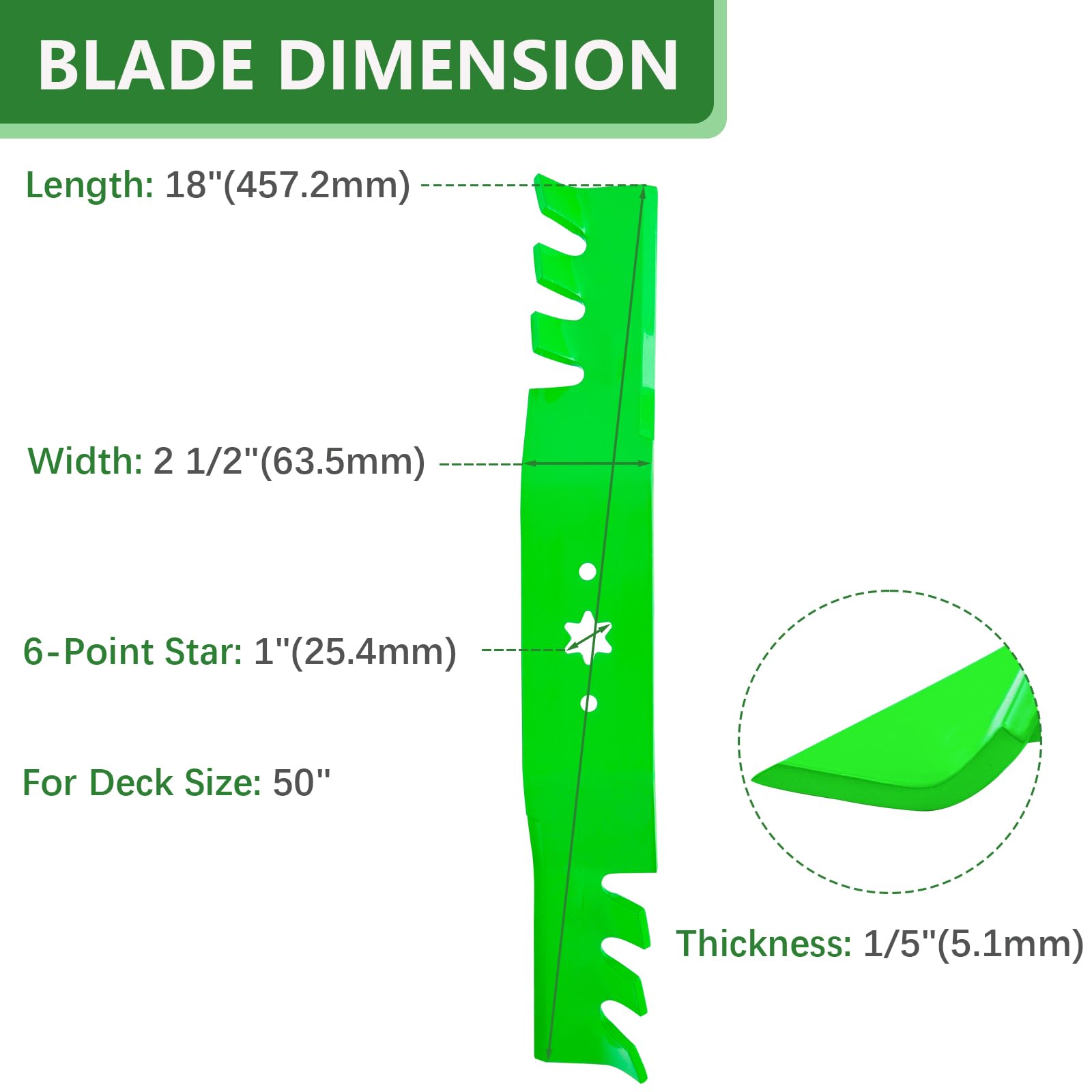 JYLEYJ mulching blades 3-pack side view highlights balanced weight for smoother mowing.