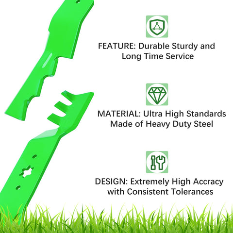 JYLEYJ mulching blades dimension specs detail blade length, thickness, and center hole size for proper fit.