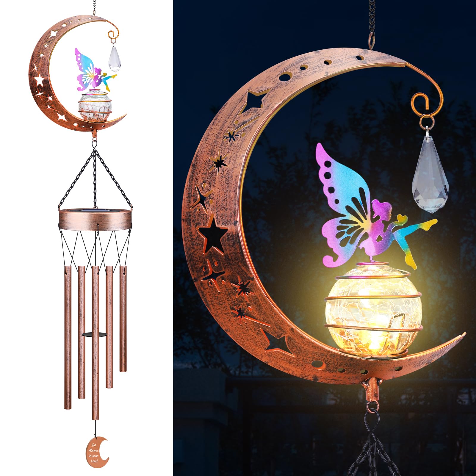Jyps Fairy Solar Wind Chimes with glowing crackle glass ball lighting outdoors.