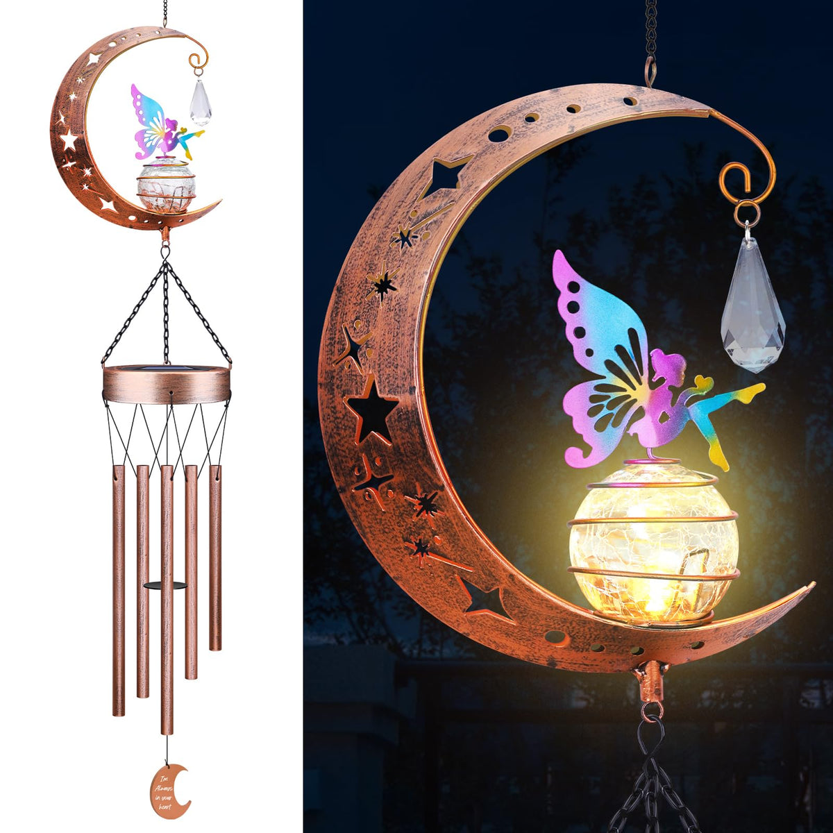 Jyps Fairy Solar Wind Chimes with glowing crackle glass ball lighting outdoors.