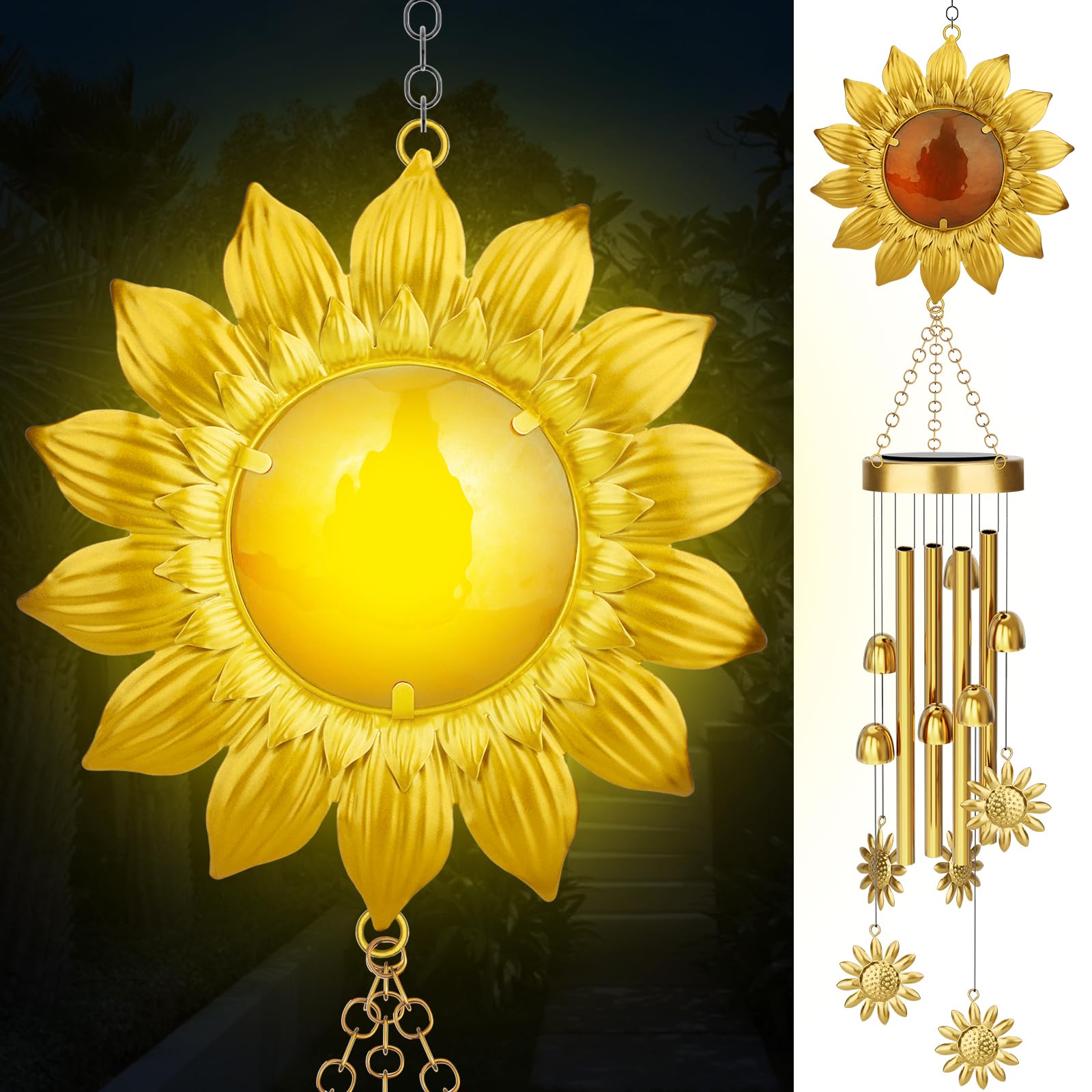 JYPS Solar Wind Chimes with sunflower crown 42in boosts yard appeal