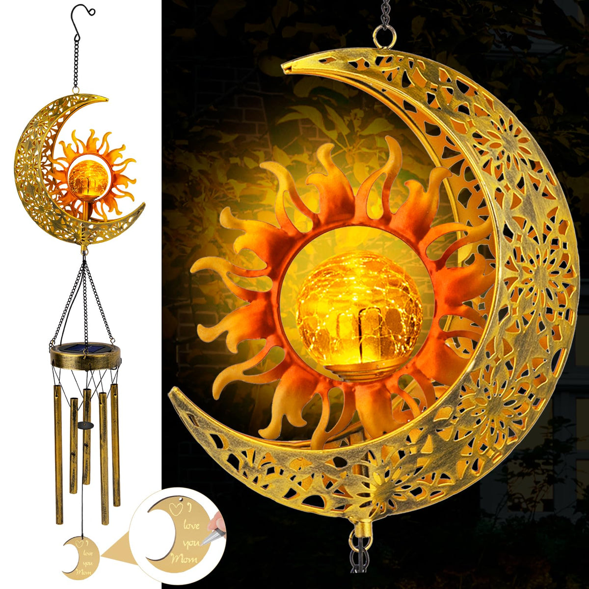 JYPS Sun Moon wind chimes front view glowing glass ball outdoors