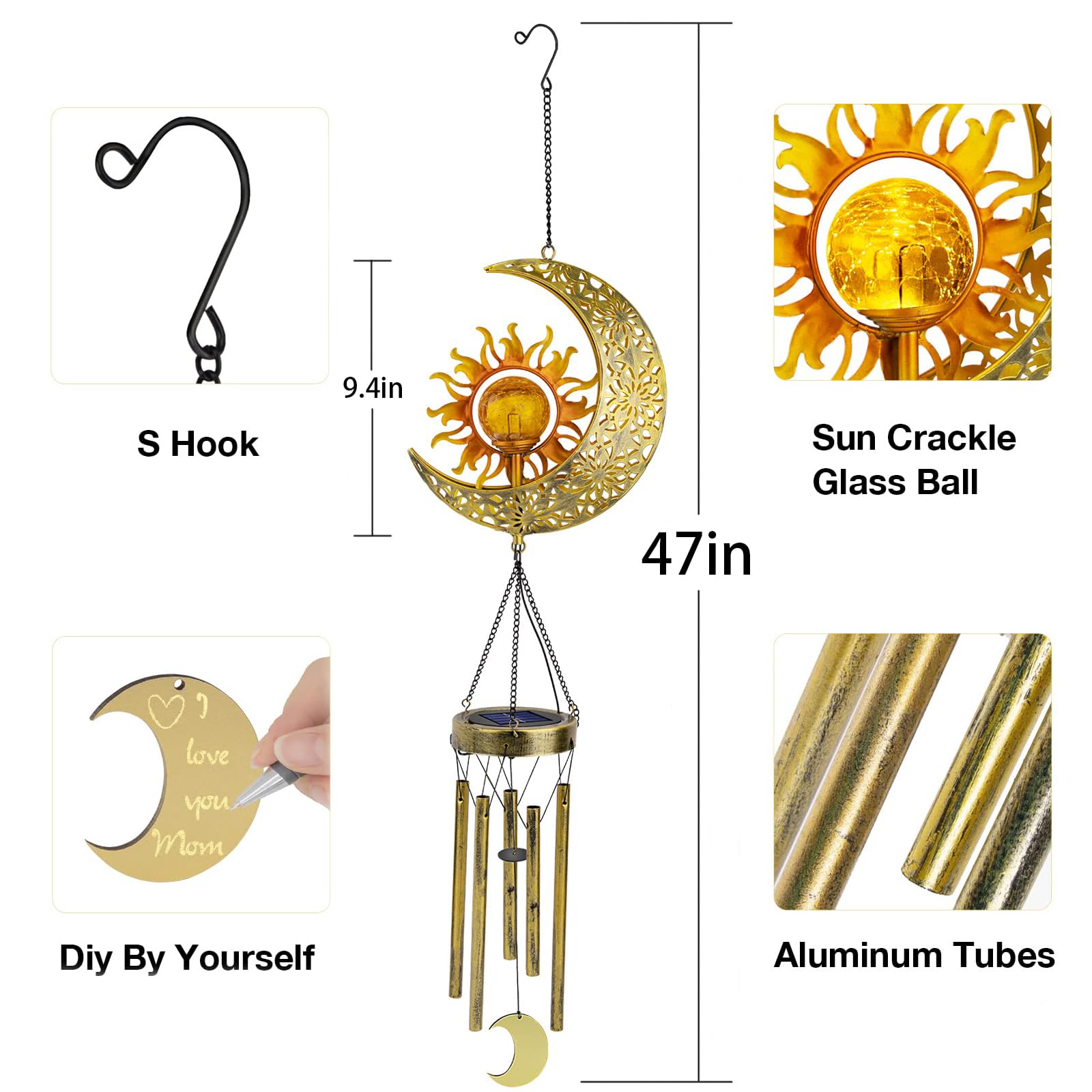JYPS Sun Moon wind chimes glow on crackle ball at night