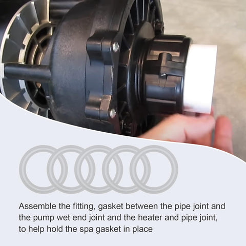 Heater union gasket seal assembly shows secure spa joint connection.