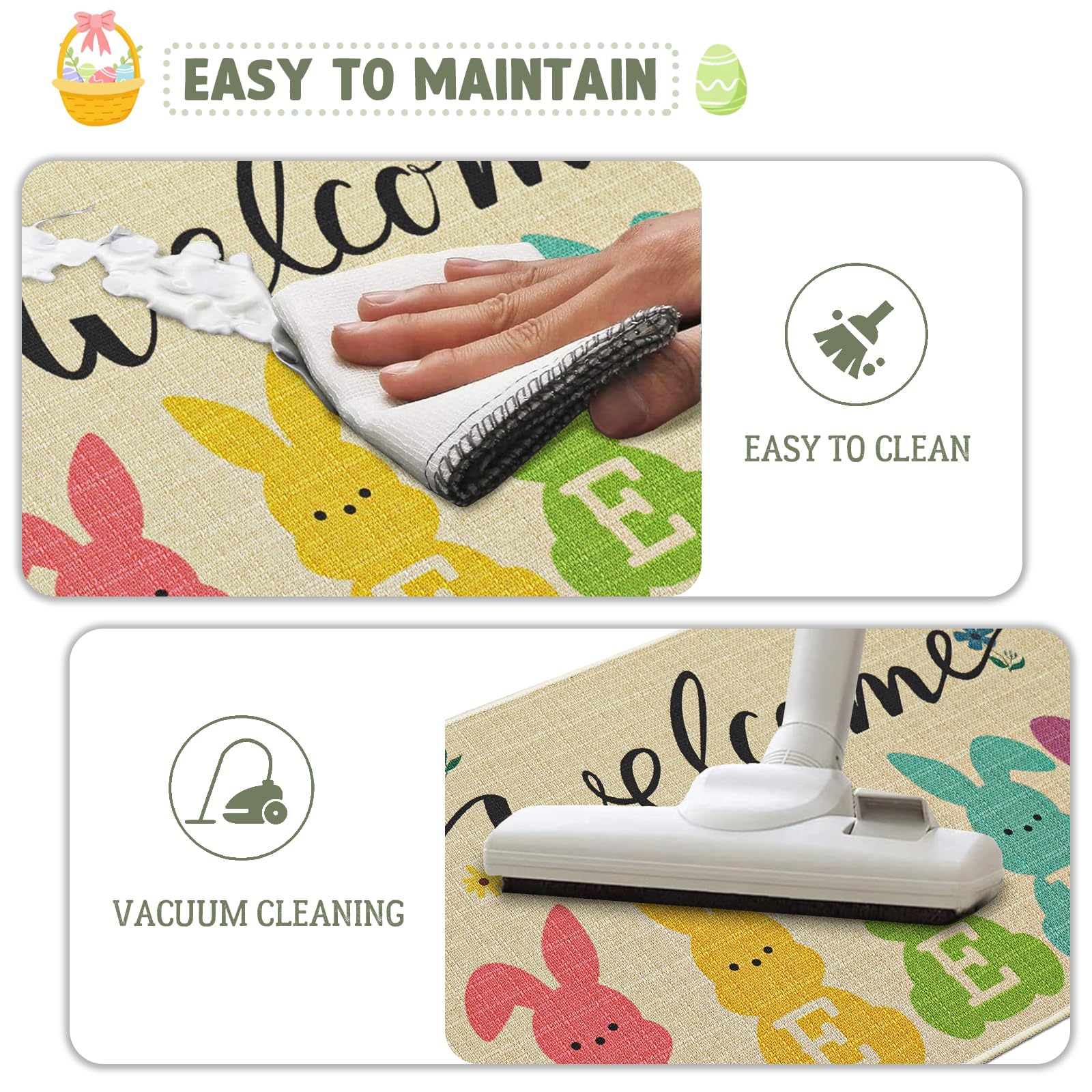 Jztfrie Easter decoration mat cleans easily with vacuum or gentle wash.