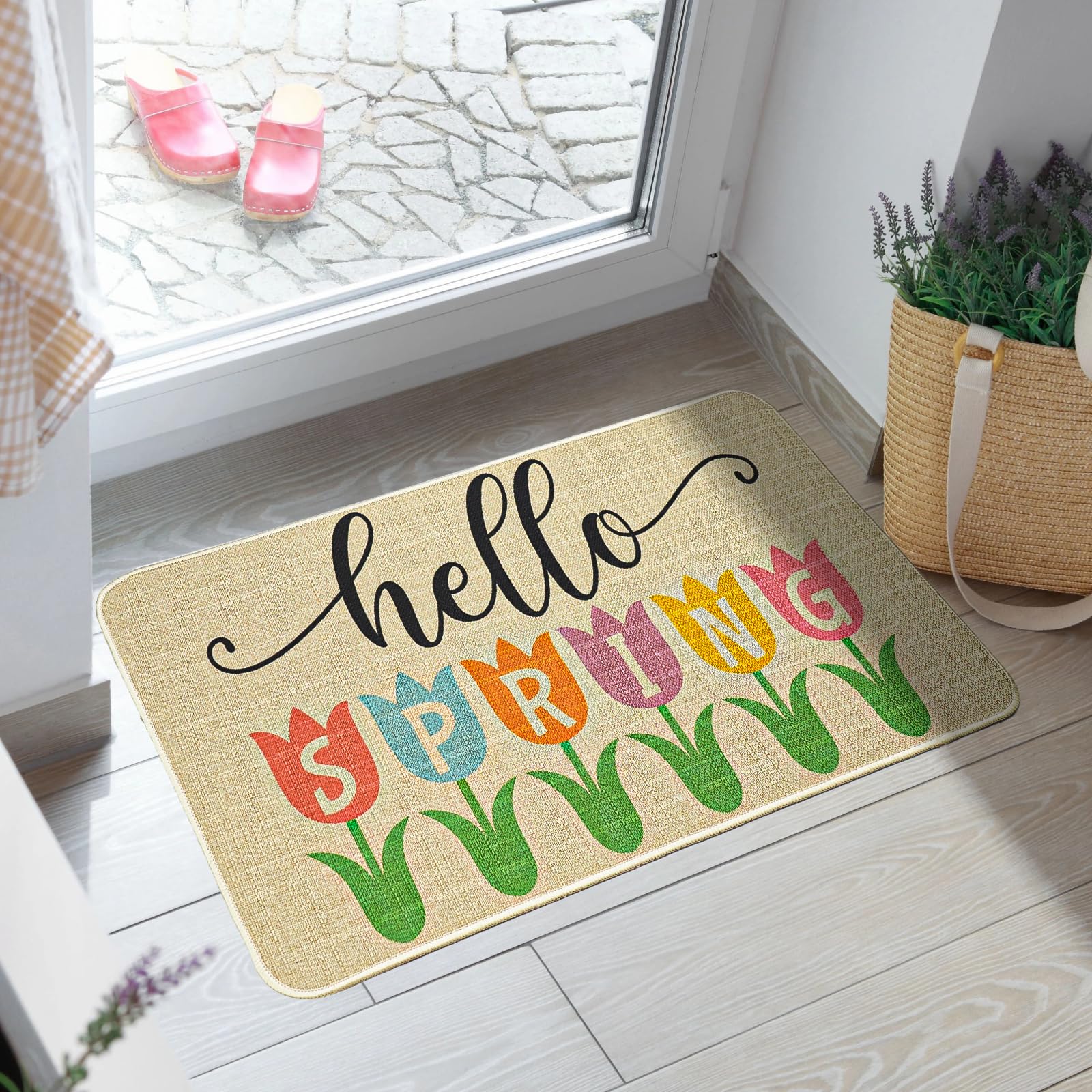 Jztfrie Hello Spring mat close-up shows vivid tulips and durable linen surface.
