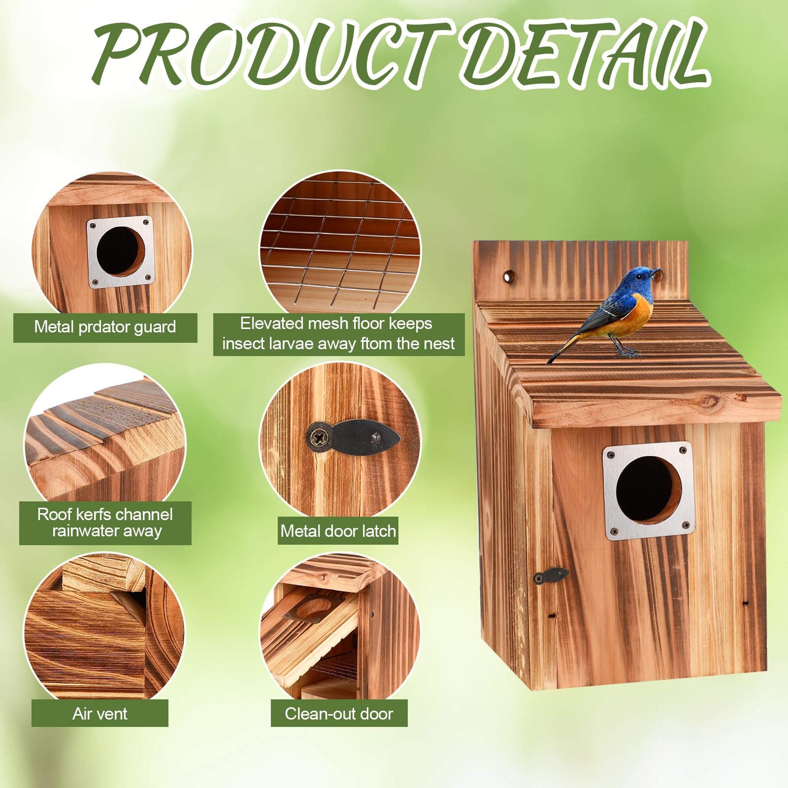 JZTKQTM bluebird nesting box with natural wood finish and appropriate entry.